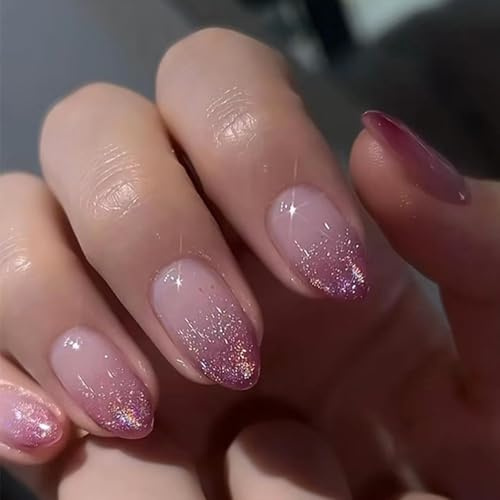 Aribliseza Unghie Finte Adesive, 30 Pezzi, Unghie Finte Acriliche con Design Albicocca, Unghie Adesive Lucide Nude per Donne, Ombre Glitter Tips, Medie