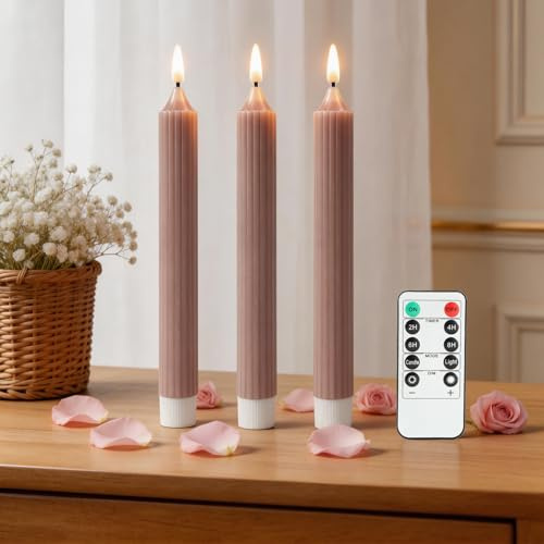 MiKoyi 3 Set LED Kerzen, Flammenlose Kerze Echtwachs mit Fernbedienung Timer Funktion Batteriebetriebene 3D-Docht für Zuhause, Wohnzimmer, Tischdeko, Weihnachten, Hochzeit, Party (24.5 cm, Rosa)