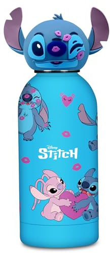 Seven LILO & STITCH Gourde avec bouchon moulé Bleu, 350 ml, acier inoxydable, sans BPA, hermétique, chaud 12h/froid 24h, étanche aux fuites, école, sport, voyage, enfant, idée cadeau