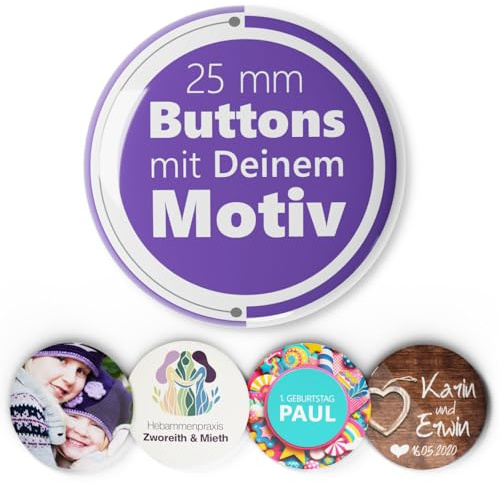 Individuelle Buttons selbst gestalten – Personalisierte Button Anstecker mit eigenem Foto, Logo oder Text – Werbebuttons für Hochzeit, JGA, Event, Firma & Verein