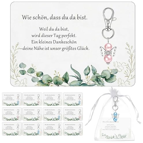 YDUNARISE 24 Set Kleine Gastgeschenke zur Hochzeit, Schutzengel-Schlüsselanhänger mit „Schön, dass du da bist“-Karte & Organza-Säckchen – Kleines Dankeschön für Hochzeiten, Taufen, Jubiläen