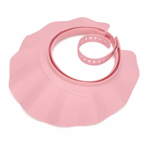 Adjustable Waterproof Shower Cap with Eye and Ear Protection, Soft Pink | Petal brim, wide coverage, multi-hole buckle strap for a secure fit, for bathing, showering and hair washing