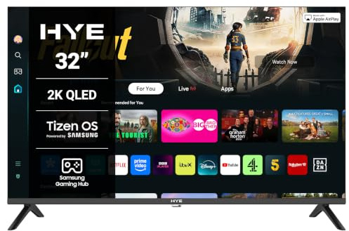 HYE 32 QLED Smart TV - Full HD, Samsung Tizen OS & Gaming Hub, Black | Apple AirPlay, Alexa & Bixby Voice Control, HDR, Bluetooth, WiFi, 3x HDMI - Perfect for Streaming, Gaming & Entertainment