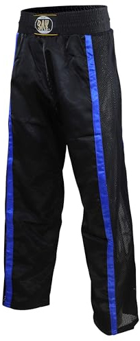 Bay Netz Mesh Kickboxhose Kampfsporthose Schwarz lang Mesh-Netzeinsatz Kontraststreifen in Blau seitlich Polyester Erwachsene Damen Herren Kinder Jungen Mädchen Größe L (180)
