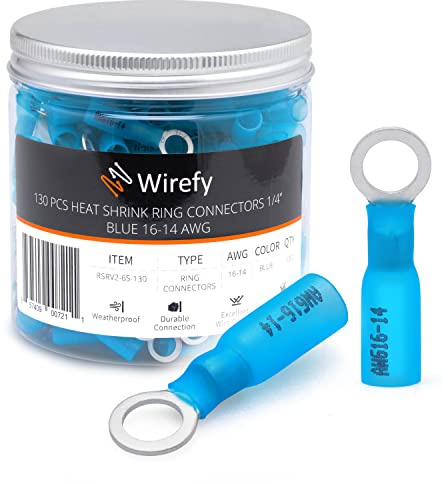 Wirefy Heat Shrink Ring Terminals 1/4 - Marine Grade Terminal Connectors - Waterproof Eyelet Wire Connectors - Red 16-14 AWG - 130 PCS
