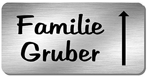 Edelstahl Türschild Namensschild Hinweisschild mit Pfeil und individueller Laser-Gravur in vielen Schriftarten, Größe ca. 100 mm x 50 mm * Modell Gruber