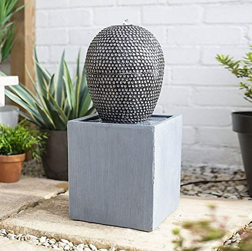 Dapple Cascade Wasserspiel, LED-Licht, grauer Beton, Gartenbrunnen für drinnen und draußen, große Kugel