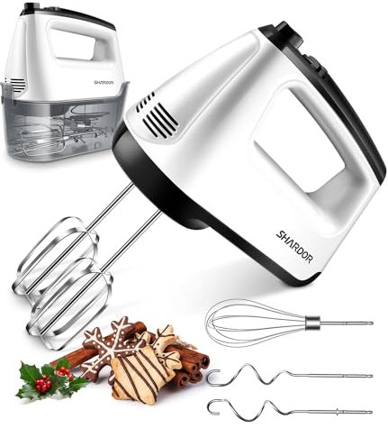 SHARDOR Hand Mixer Electric Whisk, Anti-Splash Hand Whisk, 6 Speeds with Turbo Button, Snap-On Storage Case, Easy Eject Button, 5 Stainless Steel Attachments, Electric Whisk for Kitchen Baking, 400W