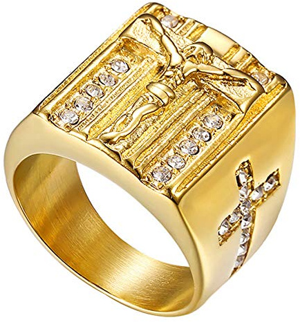 Flongo Herren-Ring Rosenkranz-Ring Männer Ring Daumenring aus Edelstahl Bandring Siegelring Gold Kreuz Kruzifix Jesus Herren-Accessoires