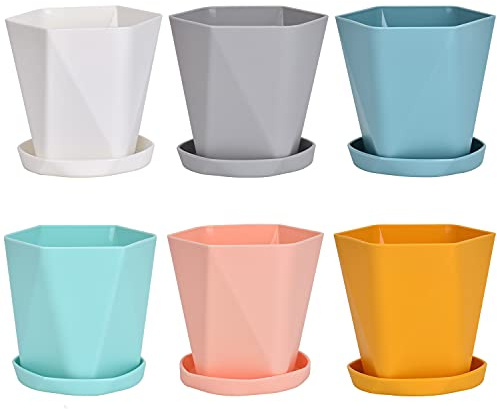 Queta Lot de 6 pots de fleurs en plastique avec soucoupe pour semis et plantes miniatures (rose, jaune, bleu, blanc, vert, gris)