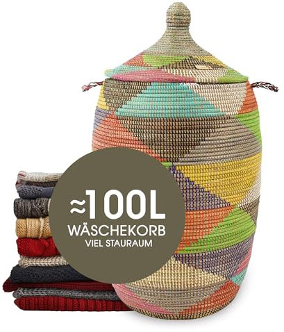 YAADU Wäschekorb mit Deckel 100L - XXL Wäschesammler, Großer Wäschekorb, Wäschebehälter, Wäschetonne, Korb mit Deckel, Wäscheboxen, Afrikanischer Korb, Modell Gueno (Dreieck-Bunt)