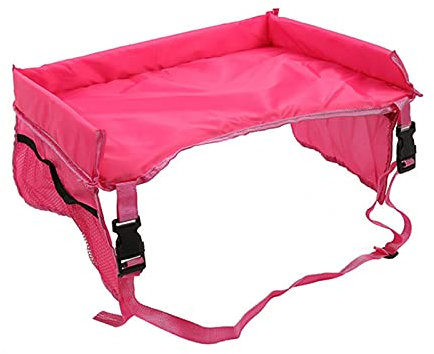 Foldable Kids Travel Tray, Portable Car Seat Game Lap Desk, Toddler Snack Waterproof Activity Dining Table Storage Holder for Stroller Car Airplane Trip, Rose Red