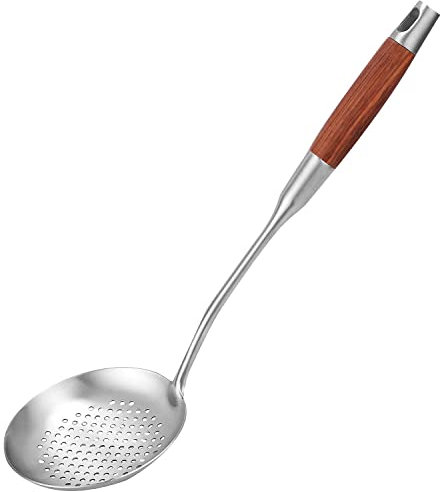 Litensh Cucchiaio scanalato con fori, in acciaio inox 304, con manico lungo in legno resistente al calore, Schiumarola in acciaio inossidabile, Mestolo per Schiumarola, Mestolo filtrante 40 cm