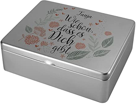 Herz & Heim® Tee-Box aus Metall mit 6 Fächern - persönlichem Aufdruck für Teeliebhaber Schön, DASS es Dich gibt