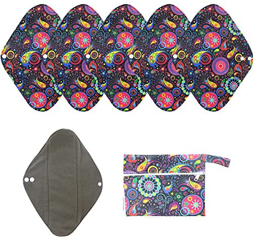 6er Pack wiederverwendbare Damenbinden mit Bambuskohle | Waschbare, wasserdichte, saugfähige Menstruationspads für starke Perioden | Bonus Aufbewahrungstasche (WSD106, Groß (Packung mit 6))