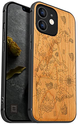 Carveit Coque en Bois pour iPhone 12 Mini Compatible avec MagSafe et Chargement sans Fil Étui de téléphone Antichoc de 12 Mini Etui magnétique TPU Bumper (Cerise-Carte du Monde)