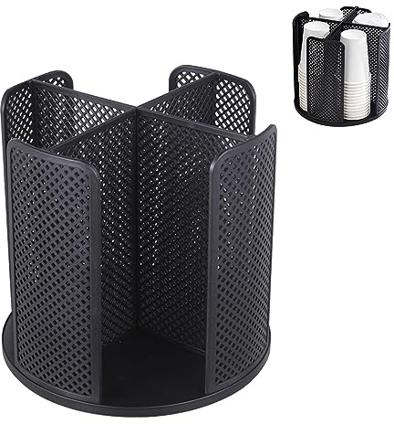 Dispensador portavasos de metal, 360° rotación circular portavasos con 4 compartimentos verticales, soporte para taza de papel, organizador para cocina, bar y baño (negro)