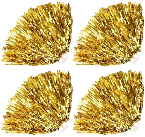 JIHUOO Cheerleader-Pompons aus Kunststoff, für Mädchen, Cheerleader-Pompons, Metallfolie, Teamgeist, Tanz-Team, Pompons mit Griffen, Cheerleading-Kostüm-Zubehör, goldfarben, 4 Stück