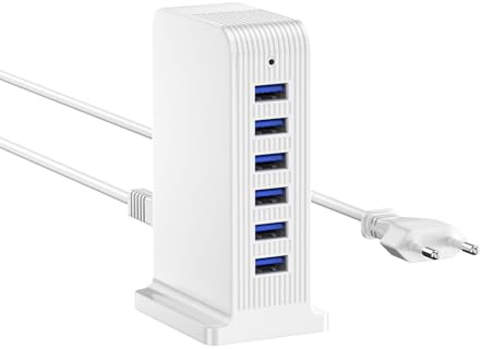 WUKUR Caricatore USB Multiplo,Stazione di Ricarica 6 Porte USB da Tavolo Caricabatterie da muro per cellulari per iPhone/iPad/Samsung/Huawei/HTC/LG/Nexus/Nokia/Motorola (25W Bianco)