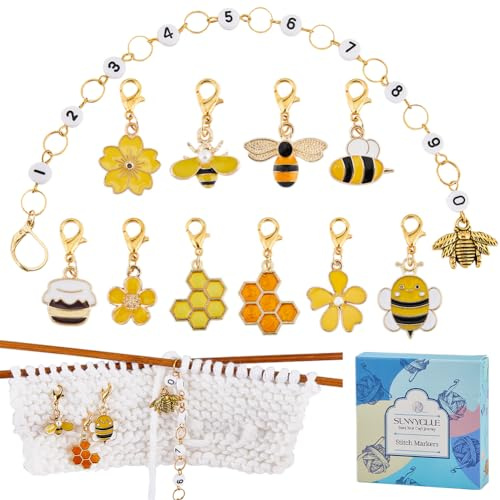 SUNNYCLUE 1 Box 11Pcs Bee Honeycomb Crochet Knitting Markers Knitting Crochet Markers Stitch Markers Enamel Number 0-9 Knitting Row Counter Chains for Knitting Weaving Sewing Crochet Tracking Project