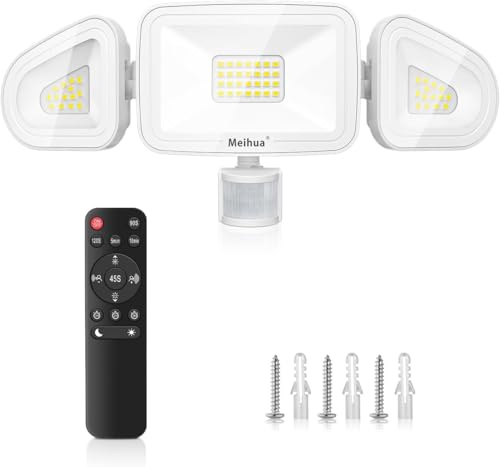 MEIHUA 42W Security Lights Outdoor Motion Sensor 3600LM with Remote Control | PIR Security Light, IP66 6500K Motion Sensor Lights Outdoor with 3 Adjustable Heads for Garden, Yard, Patio, Porch, Garage