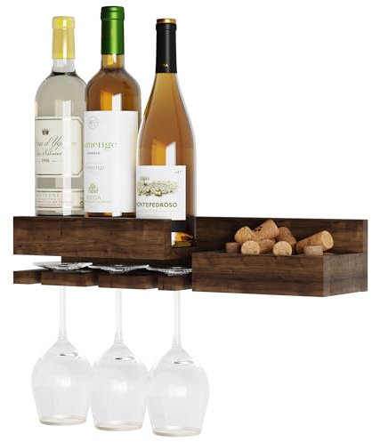 Rustic State Semillon Wall Mounted Wine and Stemware Rack Wine Bottle Glassware Holder Accesorries Cork Storage Unit Shelf Organizer - Home Kitchen Dining Room Bar Décor - Chestnut