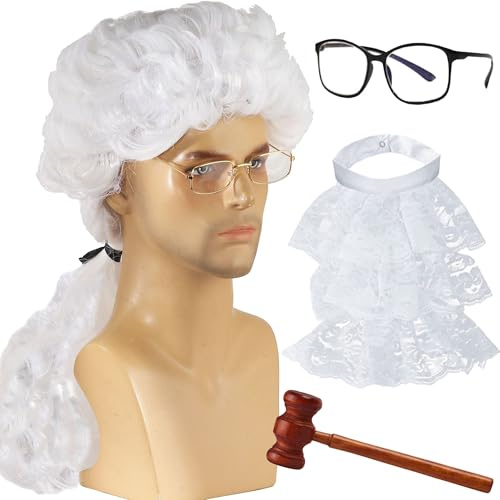 SQAQS 4st Domare Peruk, Domare Kostym Tillbehör med Glasögon, Gavel och Kragar, Domare Domstol Advokat Peruk, Rollspel Rekvisita, Halloween Makeup Tema, Scen Prestanda, Vitt Hår, Lockigt Hår(man)