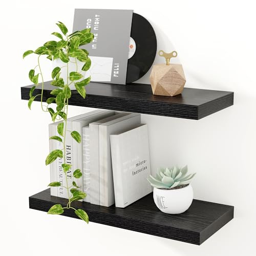 Feihorrm Floating Shelves for Wall, 40cm Black Shelves 23.5cm Deep Wooden Wall Shelf Set of 2, Extra Wide Storage Shelves for Kitchen, Bathroom, Living Room & Bedroom Organizer