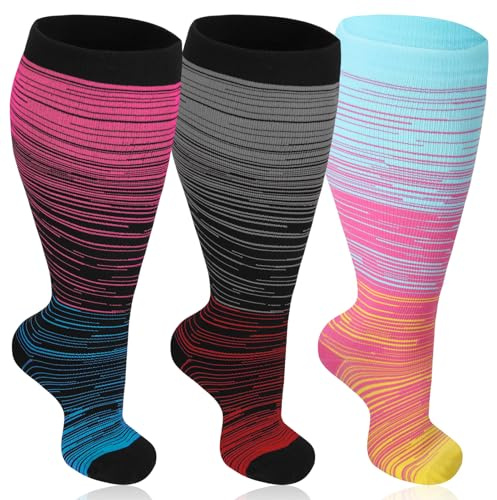Zuimei 3 Pair Plus Size Compression Socks for Women Men, 15-20 mmHg Wide Calf Extra Large Knee High Stockings, Flight Socks Pressure Sock for Running Nursing Travel Sport, Gradient color