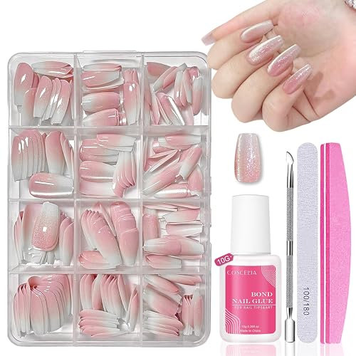 Nagel Tips Set - 240 Stück Rosa Glitzer Cat Eye Falsche Nägel Zum Aufkleben - Schimmerndes Pink Gradient Design Künstliche Fingernägel Fake Nails Soft Gel für Frauen DIY (Rosa Glitzer Ballerina)