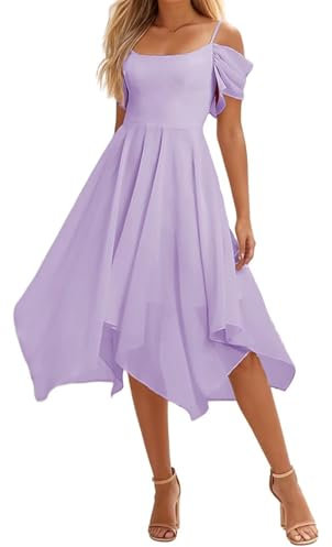 HPPEE Abito da damigella d'onore con spalle scoperte, corto, in chiffon, con spalline sottili, abito da sera formale, Lilla, 40