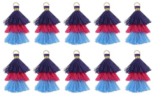 QUARKZMAN 10 Stück Winzige Dreischichtige Quasten 1,6 Mini Taschenanhänger Böhmische Handgefertigte Quasten Schlüsselanhänger für DIY Projekte Schmuckherstellung (Lila/Rosarot/Dunkelblau)