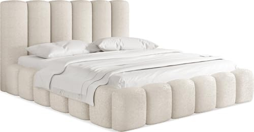 WFL GROUP Polsterbett 160x200 mit Bettkasten und Lattenrost – Weiß Bett mit hohem Kopfteil, Boucle oder Samt Stoff - Modernes Doppelbett mit Stauraum – Bettgestell, ohne Matratze – Serenity - Weiß