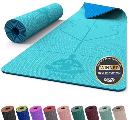 Yogii Yoga Mat - Non-Slip 6mm Thick TPE & Travel-friendly Yoga Mat - Perfect for Home & Gym Exercise Fitness & Pilates - With Laser Alignment Guides (Teal/Blue) for Men & Women