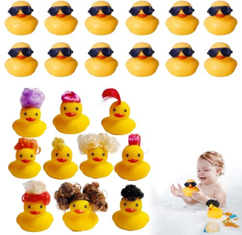 Goma Ducky Juguetes de baño con Peluca, 12 Piezas de pequeños y adorables patitos de Goma para bañera, Juguetes de Ducha, Regalo de cumpleaños, Juguetes de Verano para Piscina, Fiesta temáti