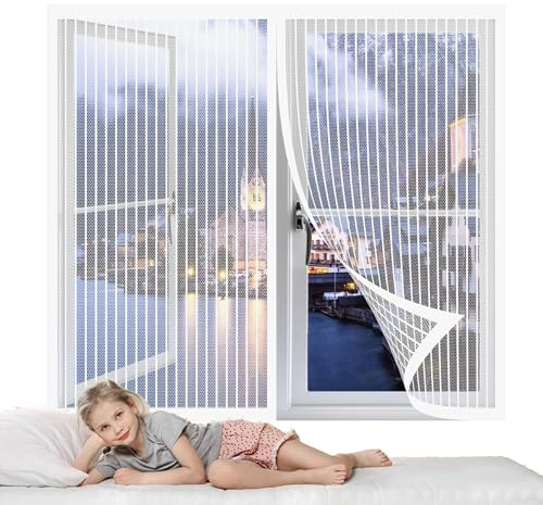 Mosquitera Ventana Abatible 124 x 85 cm sin Taladrar Mosquitera Ventana Magnetica con Gancho Cierre Magnético Automático para Todo Tipo de Ventanas, Blanco