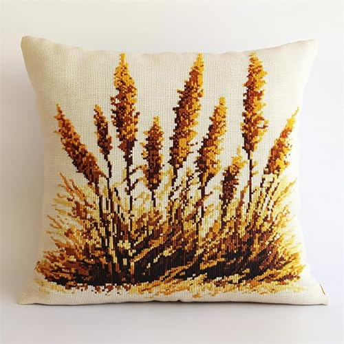 Wallphantom Paysage d'automne Kit de housse de coussin au point de croix,Roseaux,DIY Kit de Coussin à Broder Toile Imprimée,Manuelle Broderie Adulte,45x45cm