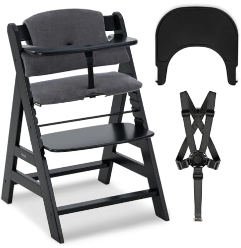 hauck Hochstuhl Alpha+ mit Tablett Click Tray und Sitzpolster - Mitwachsender Babystuhl aus Holz, Kinderhochstuhl ab 6 Monate, verstellbar - Schwarz