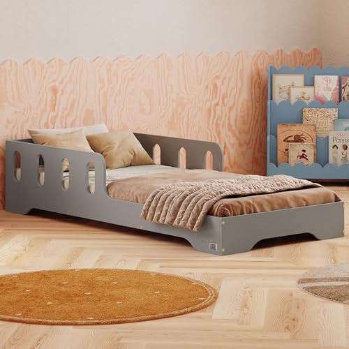 smartwood Kinderbett 80x160 cm mit Rausfallschutz, Holz, Grau, TILA 6 | Montessori Bodenbett, Lattenrost bis 230 kg, FSC-Zertifikat, abgerundete Kanten, Einfache Montage, ab 3 Jahren, 83x163x40 cm