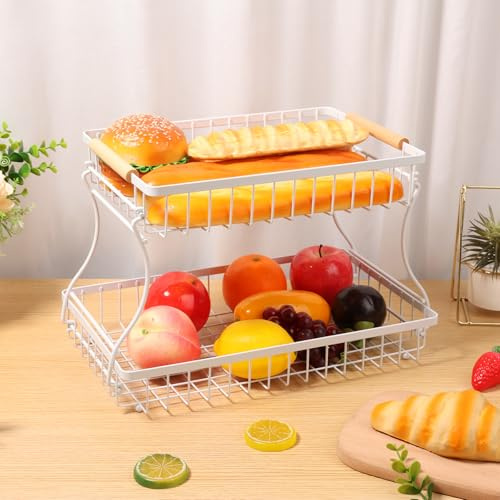 Eyoulife Cesta de frutas de metal de 2 pisos, bandeja extraíble para verduras, frutas, verduras, pan, aperitivos, bebidas (blanco)