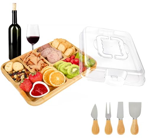 Fuyuleyo Cheese Board and Knife Set, Portable Charcuterie Board with Lid, Handle and Compartments, Wooden Serving Board for Cheese and food, Bamboo Cheeseboard Gift Set for House Warming Gifts