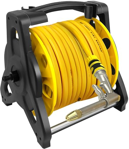 EVGTTI 30M Garden Hose Reel with Hosepipe & Adjustable Spray Nozzle Gun, Portable Manual Hose Pipe Reel with Lightweight, Robust Main Body for Outdoor, Patio, Car Cleaning, Lawn Watering