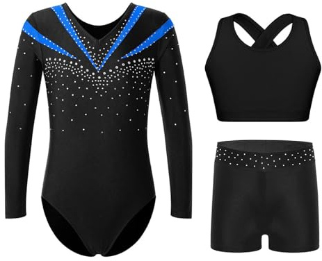 Sinleey 3-teiliges Gymnastikanzug Mädchen Turnanzug Langarm Kinder Leotard Tanz Ballet Mit Shorts und BH Sports Gymnastik Outfit Sport Fitness Set Kostüm
