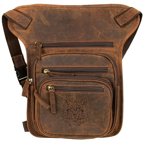 MDM läder benväska med vargprägling, motorcykel höftväska, multifunktionell bältesväska, BRUN, Standard, Motorcykel biker vintage stil
