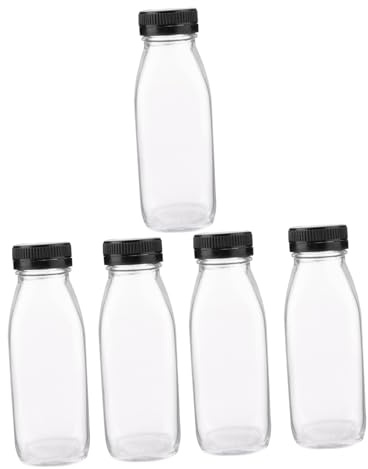 IMIKEYA 5 piezas Botellas de Vidrio Transparentes para Almacenamiento de Leche y Jugos Envases Reutilizables para Bebidas Diseño Cuadrado y