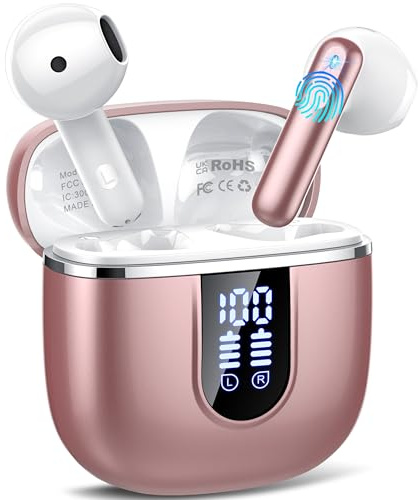 Bluetooth Kopfhörer, Kopfhörer Kabellos Bluetooth 5.4 In Ear Kopfhörer mit 4 ENC Noise Cancelling Mic, 40Std Ohrhörer mit LED Anzeige USB-C, IP7 Wasserdicht Wireless Earbuds für Sport Arbeit, Rosé