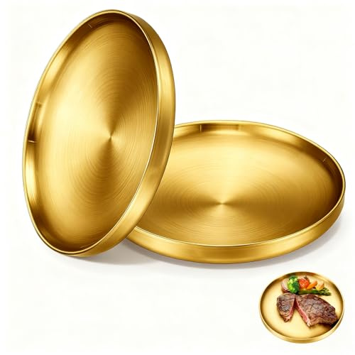 Ulmil 2 Pcs Vassoio Dorato Rotondo 23 cm, Piatti Rotonde in Acciaio Inox Oro, Festa Vassoio Dell Oro Rotondo, VassoioTondo in Acciaio Inox, per Campeggio Picnic, Piatti per Gioielli Trucco