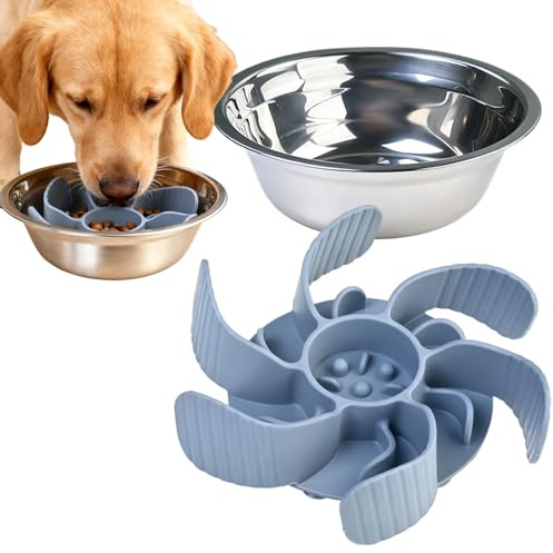 Kaiyzo Slow Feeder Dog Bowl, Silicone Anti Choke Insert with Strong Suction for Large Breeds, Stainless Steel Bowl Included for Training and Mealtime, Grey