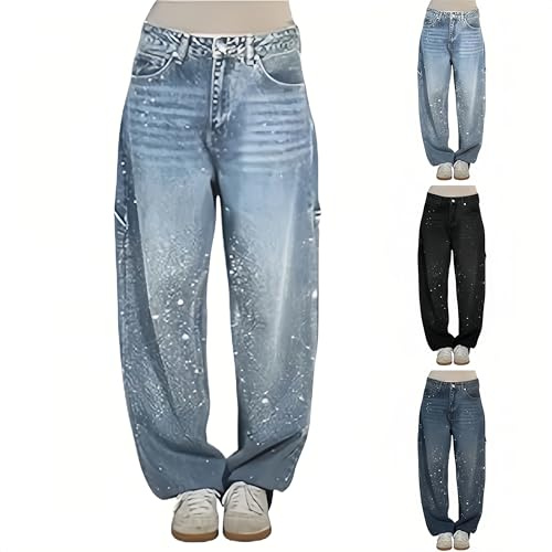 PAIDAXING - Jeans a tubo da donna, stile UK, con strass, a vita media e bassa, larghi e con gamba ampia, pantaloni harem oversize in glitter, in denim spaekly, da signora, taglia grande, con tasche