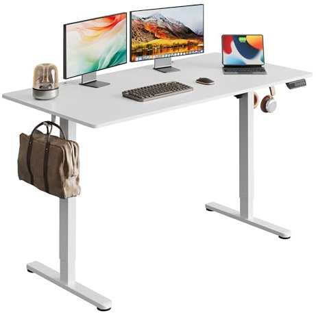 DEVAISE Höhenverstellbarer Schreibtisch 140x70cm Einteilig, mit leisem Motor und Memory-Funktion für 3 Höhen, ergonomischer Computertisch für Büro, Weiß